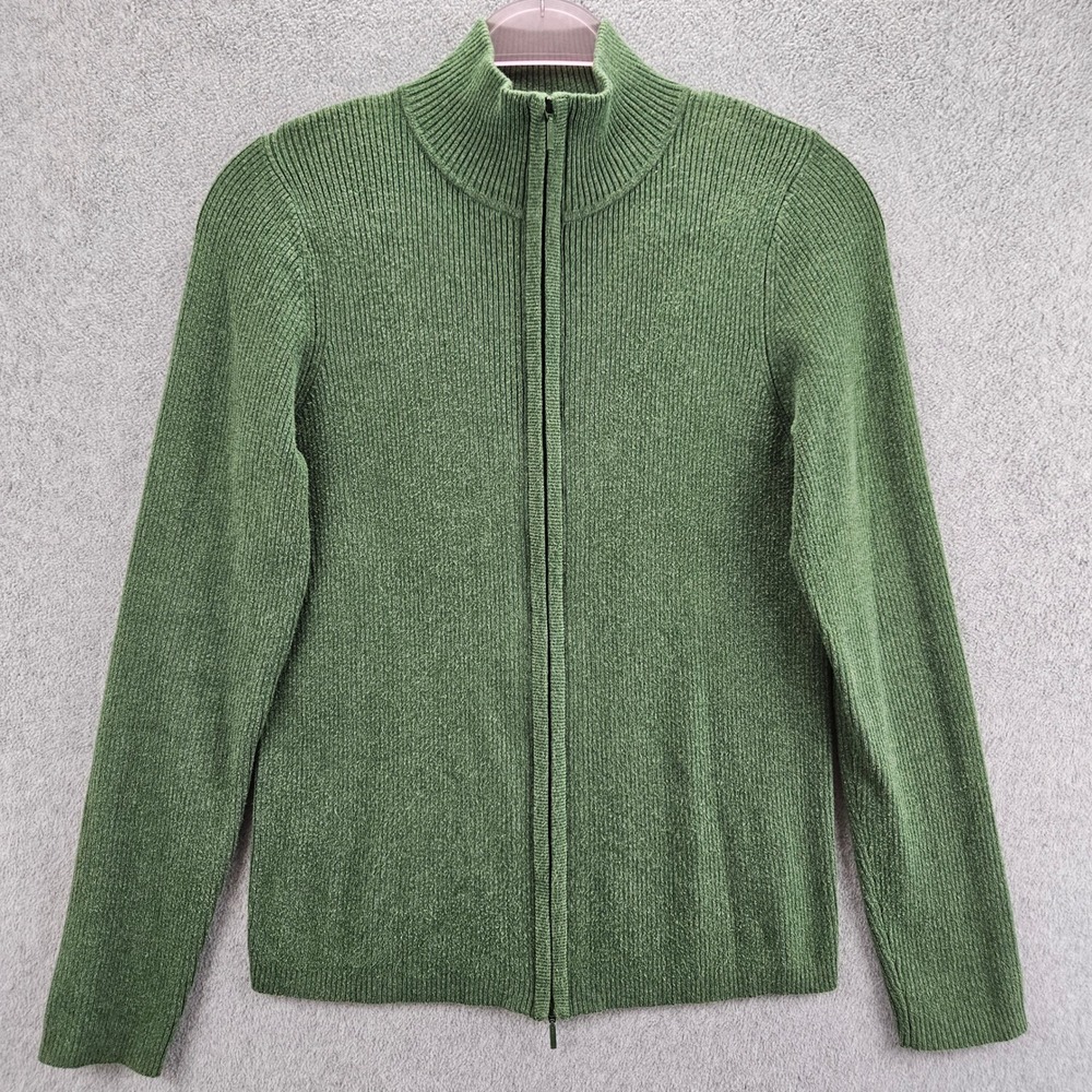 LL BEAN Full Zip Sweater Womens M Green Ribbed Pima Cotton Mock Neck Casual